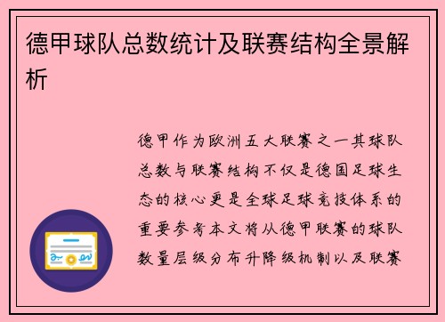 德甲球队总数统计及联赛结构全景解析