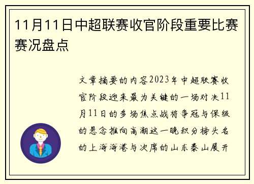 11月11日中超联赛收官阶段重要比赛赛况盘点